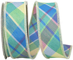Load image into Gallery viewer, Celadon pastel diagonal plaid wired ribbon in 1-1/2 inch width