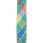 Load image into Gallery viewer, Diagonal pastel plaid pattern on 1-1/2 inch Celadon wired edge ribbon