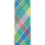 Load image into Gallery viewer, Green blue pink and yellow plaid pattern on 2-1/2 inch wired ribbon