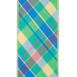Load image into Gallery viewer, Close-up of 4 inch pastel plaid wired ribbon in celadon green and blue