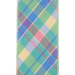 Load image into Gallery viewer, Four inch diagonal pastel plaid ribbon with green blue pink and yellow accents