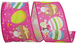 Load image into Gallery viewer, Easter Ribbons -- 2½ inch x 10 yards --- Easter Fun Eggs Linen Wire Edge Ribbon -- Pink Color