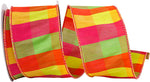 Load image into Gallery viewer, Plaid Celine Burst 2.5 inch wired ribbon with bright pink, orange, yellow and green checks, shown in flowing loops