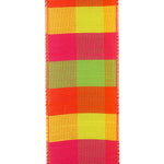 Load image into Gallery viewer, Image 3 — 2½-inch pattern detail:
Plaid Celine Burst 2.5 inch ribbon with hot pink, orange, yellow and bright green woven check pattern