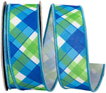 Load image into Gallery viewer, Plaid Seaway blue and green deluxe backed wired edge ribbon, 1.5 inch wide, shown curled from the roll