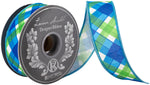 Load image into Gallery viewer, 1.5 inch Plaid Seaway blue and green wired ribbon displayed with designer ribbon spool