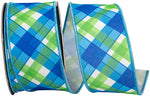 Load image into Gallery viewer, Plaid Seaway blue and green deluxe backed wired edge ribbon, 2.5 inch wide, curled from the roll