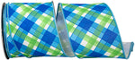 Load image into Gallery viewer, Plaid Seaway blue and green deluxe backed wired edge ribbon, 4 inch wide, curled from the roll