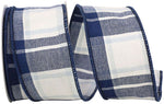 Load image into Gallery viewer, Denim blue and ivory plaid cotton canvas wired edge ribbon, 2-1/2 inch width