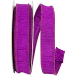 Load image into Gallery viewer, Florist Basics Dupioni Supreme Wired Edge Ribbon in Plum, 7/8 inch wide by 10 yards, featuring a vibrant hot pink faux dupioni texture with stitched wired edges for bows, floral arrangements, and gift wrapping.