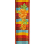 Load image into Gallery viewer, Front view of Pumpkin Embroidered Plaid Wired Edge Ribbon showing embroidered pumpkins and colorful plaid pattern.
