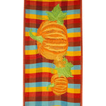 Load image into Gallery viewer, Front view of 4 inch Pumpkin Embroidered Plaid Wired Edge Ribbon highlighting the embroidered pumpkin design and plaid pattern.