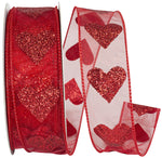 Load image into Gallery viewer, Valentine's Ribbon --- 25 yards --- 1 ½ inches -- Sheer Big Heart Wired Edge -- (Red)