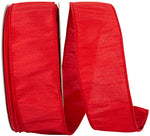 Load image into Gallery viewer, Commercial-size roll of Florist Basics Dupioni Supreme Wired Edge Ribbon in Red, 2½ inches wide by 50 yards, perfect for event decorating, wreath production, and large-scale holiday displays.
