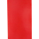 Load image into Gallery viewer, Close-up of the 4-inch Red Dupioni ribbon emphasizing its luxurious faux silk slub texture and sturdy stitched wired edges.