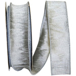 Load image into Gallery viewer, Full roll of Florist Basics Dupioni Supreme Wired Edge Ribbon in Silver, 1½ inch wide by 20 yards, ideal for wreath making, floral designs, holiday decorating, and elegant gift wrapping.