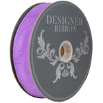 Load image into Gallery viewer, Side view of the large 50-yard roll of Florist Basics Dupioni Supreme Wired Edge Ribbon in Violet featuring a vibrant faux silk finish and flexible wired edges for commercial decorating and event design.