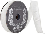Load image into Gallery viewer, Large 50-yard roll of Florist Basics Dupioni Supreme Wired Edge Ribbon in White featuring a vibrant faux silk finish and flexible wired edges for commercial decorating and event design.