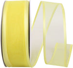 Load image into Gallery viewer, Charlize sheer satin wired edge ribbon spool in yellow color. Available in multiple widths for gift wrapping, floral design, weddings, and craft projects.