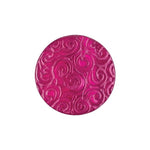 Load image into Gallery viewer, A detailed close-up of a round, domed magenta nylon button, highlighting an intricate all-over debossed filigree scrollwork texture with a glossy purple-pink finish.