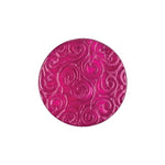 Load image into Gallery viewer, A detailed close-up of a round, domed magenta nylon button, highlighting an intricate all-over debossed filigree scrollwork texture with a glossy purple-pink finish.