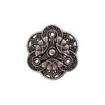 Load image into Gallery viewer, An ornate antique silver Geo Flower Metal button highlighting an intricate geometric floral design with a clear central accent and detailed textured borders