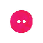 Load image into Gallery viewer, A detailed close-up of a round 2-hole Mottled Hot Pink button, highlighting a smooth surface with a multi-toned pink marbled texture and two central sewing holes.