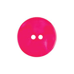 Load image into Gallery viewer, A detailed close-up of a round 2-hole Mottled Hot Pink button, highlighting a smooth surface with a multi-toned pink marbled texture and two central sewing holes.