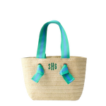 Load image into Gallery viewer, Natural Straw Tote with Green & Blue Striped Ribbon