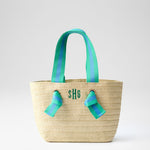 Load image into Gallery viewer, Natural Straw Tote with Green & Blue Striped Ribbon