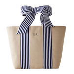 Load image into Gallery viewer, Natural Straw Tote with Navy & White Ribbon Bow