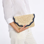 Load image into Gallery viewer, Scalloped Raffia Clutch - Navy Border