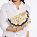 Load image into Gallery viewer, Scalloped Raffia Clutch - Navy Border