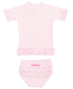 Load image into Gallery viewer, Baby Seersucker Pink Rash Guard - Short Sleeve - Bikini by Ruffle Butts®