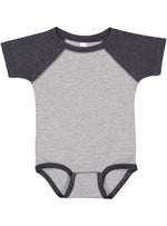 Load image into Gallery viewer, Baby (Raglan - Short Sleeve - Baseball) Bodysuit, 100% Cotton), Vintage Heather & Vintage Navy