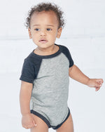 Load image into Gallery viewer, Baby (Raglan - Short Sleeve - Baseball) Bodysuit, 100% Cotton), Vintage Heather & Vintage Navy