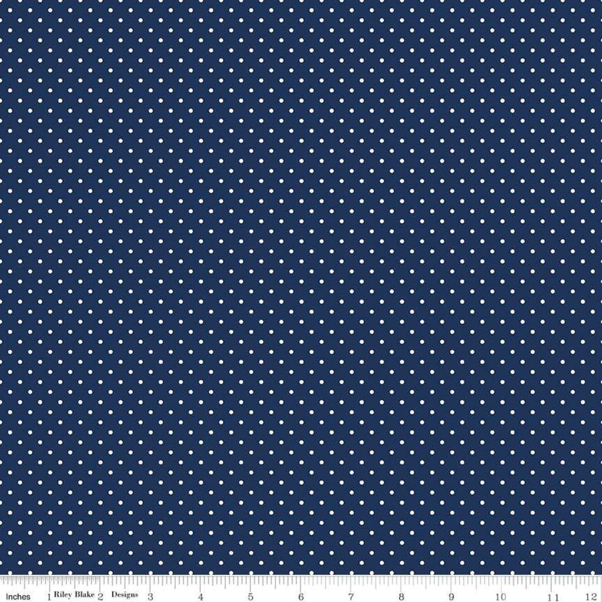 White Swiss (Polka) Dots - Navy Background Fabric, 100% Cotton, Ref. C670-21 NAVY, Swiss Dots Collection by Riley Blake Designs®