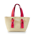 Load image into Gallery viewer, Natural Straw Tote with Fuchsia-Orange Striped Ribbon