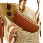 Load image into Gallery viewer, Natural Straw Tote with Golden Striped Ribbon
