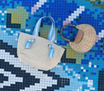 Load image into Gallery viewer, Natural Straw Tote with White-Blue Striped Ribbon