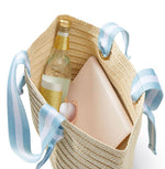 Load image into Gallery viewer, Natural Straw Tote with White-Blue Striped Ribbon