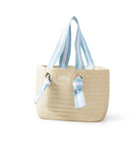 Load image into Gallery viewer, Natural Straw Tote with White-Blue Striped Ribbon