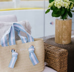 Load image into Gallery viewer, Natural Straw Tote with White-Blue Striped Ribbon