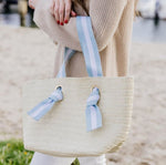 Load image into Gallery viewer, Natural Straw Tote with White-Blue Striped Ribbon
