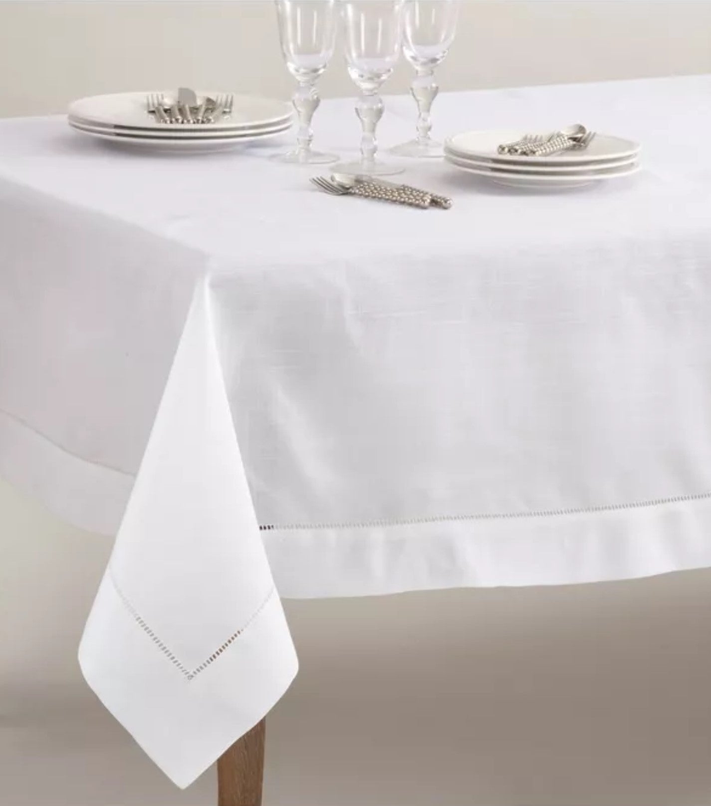 White Linen Hemstitched Tablecloths, Various Sizes