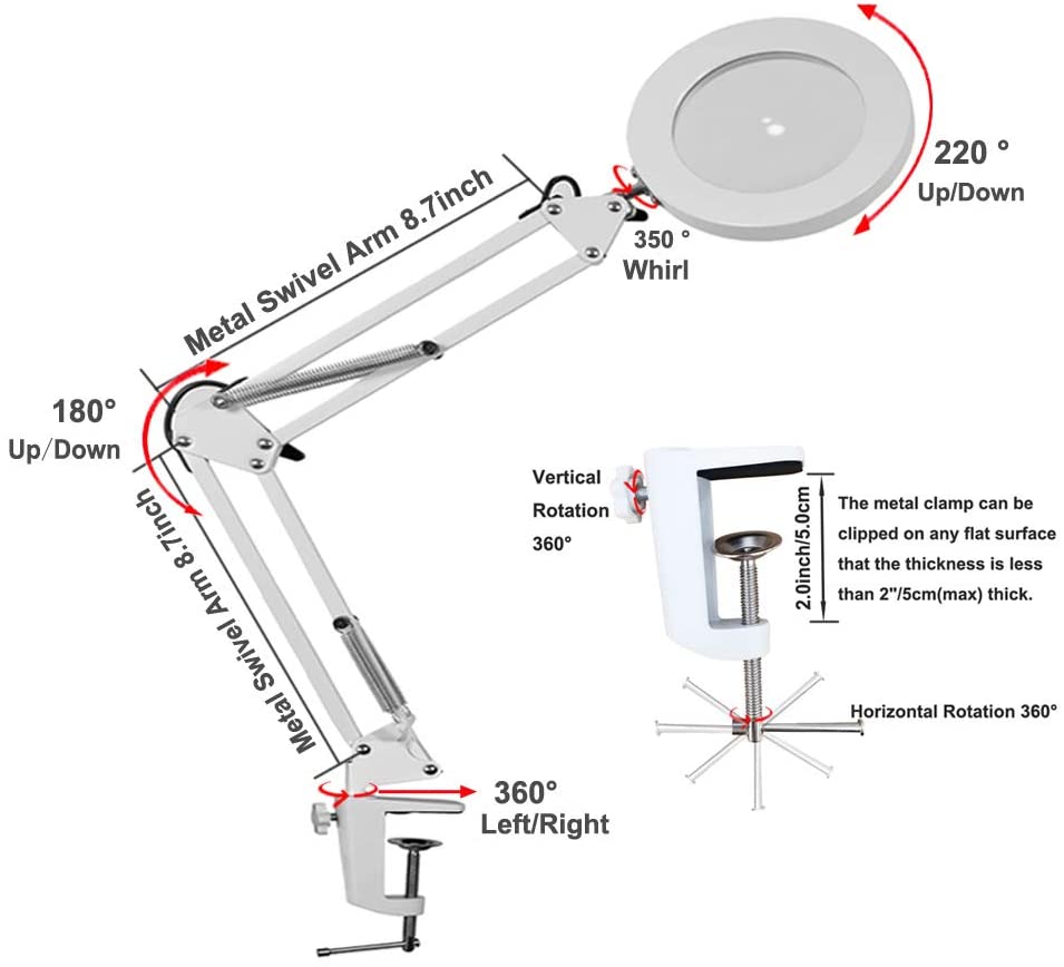 (USB Powered), White Desktop LED Light Lamp and 5X Magnifier