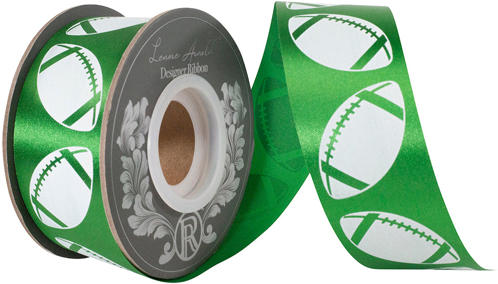 Homecoming Matte Footballs Cooler Ribbon –- Emerald Green / White Color -- 1⅜" x 25 Yards
