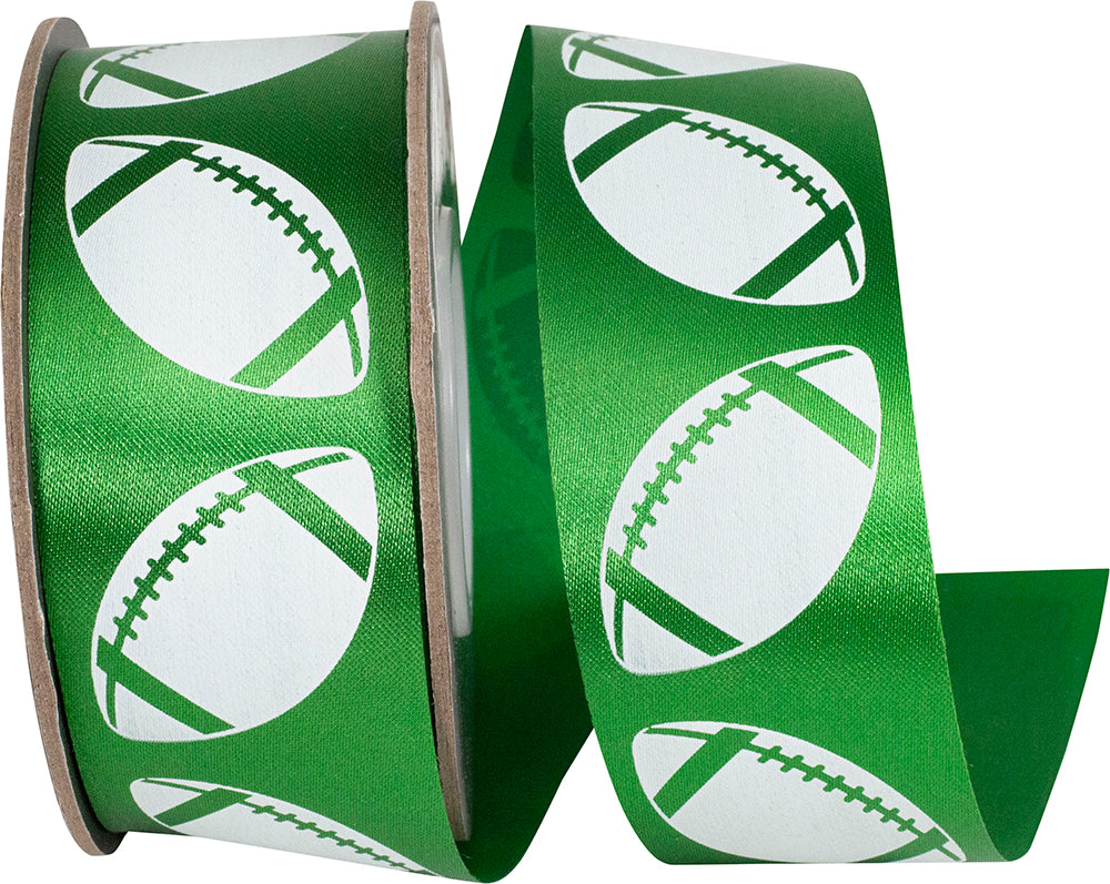 Homecoming Matte Footballs Cooler Ribbon –- Emerald Green / White Color -- 1⅜" x 25 Yards