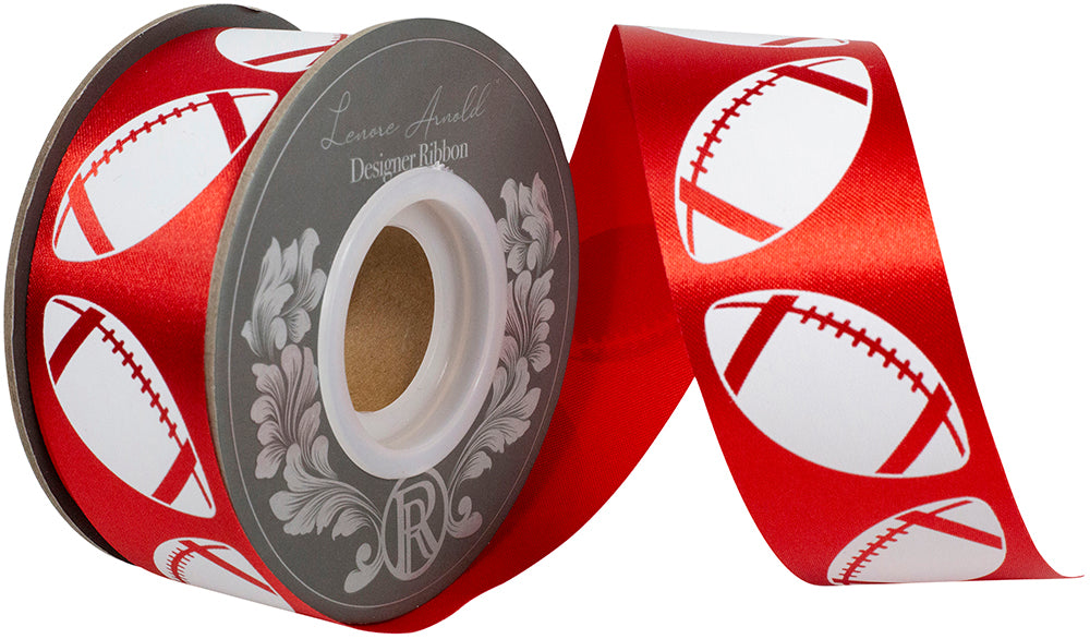 Homecoming Matte Footballs Cooler Ribbon –- Red / White Color -- 1⅜" x 25 Yards