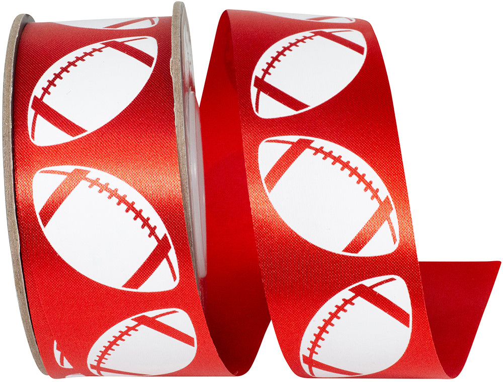 Homecoming Matte Footballs Cooler Ribbon –- Red / White Color -- 1⅜" x 25 Yards
